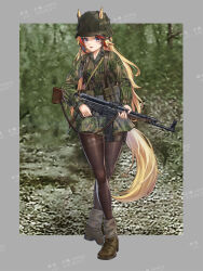 1girl absurdres assault_rifle black_pantyhose blonde_hair border camouflage camouflage_jacket combat_helmet green_hat green_jacket grey_border gun hat helmet highres horse_girl huihuang_rongyao jacket long_hair looking_at_viewer military_combat_uniform military_uniform original pantyhose photo_background rifle sample_watermark solo stahlhelm stg44 very_long_hair waffen-ss watermark weapon world_war_ii