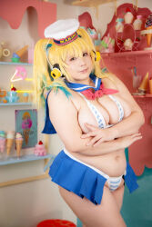 Rule 34 | 1girl, asian, blonde hair, breasts, chouzuki maryou, cosplay, female focus, food, highres, ice cream, lipstick, makeup, nitroplus, photo (medium), plump, solo, super pochaco, super pochaco (cosplay), thick thighs, thighs
