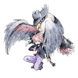 1boy absurdres bird black_feathers black_footwear black_gloves black_jacket feathers full_body gen_4_pokemon gloves grey_eyes highres holding holding_poke_ball honchkrow jacket long_hair long_sleeves looking_at_viewer male_focus neck_fur nintendo open_mouth pants poke_ball pokemon pokemon_(creature) pokemon_adventures purple_pants red_feathers red_hair silver_(pokemon) simple_background tan_carbonnn white_background