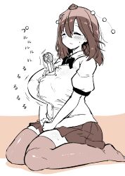 1girl akure_ekuto between_breasts black_bow black_bowtie black_skirt blush bow bowtie breasts closed_mouth from_side full_body hair_between_eyes handheld_electric_fan hat highres large_breasts medium_hair partially_colored pom_pom_(clothes) seiza shameimaru_aya shirt short_sleeves sitting skirt solo sweat sweatdrop thick_thighs thighhighs thighs tokin_hat touhou white_shirt
