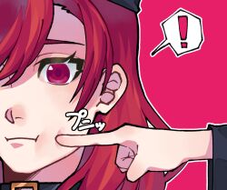 ! 2girls black_choker black_dress black_hat choker closed_mouth commentary_request dress finger_to_cheek hair_between_eyes hat hecatia_lapislazuli highres index_finger_raised junko_(touhou) long_sleeves looking_afar medium_hair multiple_girls pink_background purple_eyes red_hair simple_background solo_focus spoken_exclamation_mark touhou user_duss3447 wide_sleeves