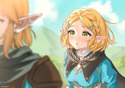 1boy 1girl :o black_cape blonde_hair blue_shirt blue_sky blush braid cape cloud commentary_request crown_braid day green_eyes hair_ornament hairclip height_difference link long_sleeves looking_at_another manggwi55 nintendo outdoors pointy_ears princess_zelda shirt short_hair sidelocks sky sunlight the_legend_of_zelda the_legend_of_zelda:_tears_of_the_kingdom twitter_username