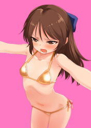 1girl :o alternate_costume bikini blush breasts brown_hair collarbone gold_bikini idolmaster idolmaster_cinderella_girls long_hair looking_ahead navel outstretched_arms pink_background sakaki_imasato side-tie_bikini_bottom simple_background small_breasts solo stomach swimsuit tachibana_arisu