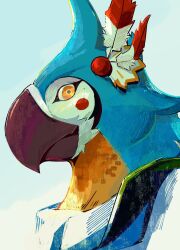 1boy absurdres beak bird bird_boy blue_feathers commentary english_commentary feather_hair_ornament feathers furry furry_male hair_ornament highres kass looking_at_viewer male_focus nem_graphics nintendo popped_collar portrait profile simple_background solo the_legend_of_zelda the_legend_of_zelda:_breath_of_the_wild upper_body white_background yellow_eyes