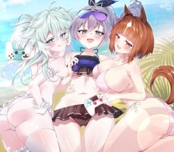 3girls :d :q animal_ears ass asymmetrical_docking beach bikini bikini_skirt black_bikini blue_eyes blue_hair blush breast_press breasts brown_hair controller day eyewear_on_head frilled_bikini frills from_side game_controller girl_sandwich girls&#039;_frontline hair_between_eyes half-closed_eyes hand_on_own_ass heart heart-shaped_pupils highres hip_focus holding holding_controller holding_game_controller honkai:_star_rail honkai_(series) horse_ears horse_tail large_breasts leaning_forward leaning_on_person licking_lips long_hair looking_at_viewer looking_back looking_up lying medium_breasts medium_hair multicolored_hair multiple_girls navel nipple_slip nipples on_side open_mouth outdoors pa-15_(girls&#039;_frontline) pink_bikini red_eyes sandwiched seductive_smile side-tie_bikini_bottom silver_wolf_(honkai:_star_rail) skin_tight small_breasts smile streaked_hair sunglasses swimsuit symbol-shaped_pupils tail thigh_gap thighhighs thighs todalbok106 tongue tongue_out transcend_(umamusume) two-tone_hair umamusume white_bikini white_hair