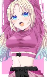 1girl arms_up blonde_hair blue_eyes blue_hair border breasts buckle commentary crop_top cropped_shirt curtained_hair flower hair_flower hair_ornament highres link!_like!_love_live! long_hair long_sleeves love_live! medium_breasts midriff navel official_alternate_costume open_mouth osawa_rurino osawa_rurino_(winter_training_wear) outside_border pants parted_bangs pink_background pink_flower pink_pants pink_shirt shirt simple_background snap-fit_buckle solo teeth twintails virtual_youtuber white_border yasaibatake_(yasaibatakue)