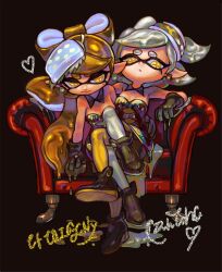 2girls ankle_boots bare_shoulders black_boots black_collar black_dress black_gloves blonde_hair boots bow-shaped_hair brown_background callie_(splatoon) closed_mouth collar commentary_request couch cousins cross-shaped_pupils detached_collar dress expressionless full_body gloves grey_hair grey_pantyhose hand_on_another&#039;s_waist inkling long_hair looking_at_viewer marie_(splatoon) medium_hair mole mole_under_eye multiple_girls nintendo on_couch pantyhose pointy_ears sitting slime_(substance) splatoon_(series) strapless strapless_dress swept_bangs symbol-shaped_pupils tentacle_hair towaxa yellow_eyes yellow_pantyhose