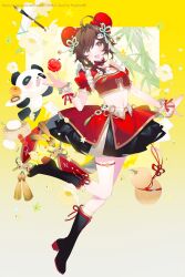 1girl :d ahoge animal apple bamboo_steamer black_boots blush boots braid breasts brown_eyes brown_hair bun_cover commentary_request double_bun eyebrows_hidden_by_hair fang food fruit gourd hair_between_eyes hair_bun hair_intakes hand_up highres long_hair looking_at_viewer navel official_art open_mouth original panda plate prophet_chu puffy_short_sleeves puffy_sleeves red_skirt short_sleeves single_braid skirt small_breasts smile socks solo steamed_bun strawberry watermark web_address white_socks wrist_cuffs