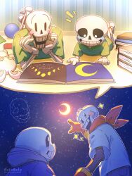 2boys artist_name black_pants blue_jacket blush book book_stack brothers crescent gloves green_shirt highres hood hood_down hooded_jacket jacket korokor59513559 lying male_focus moon multiple_boys night night_sky on_stomach open_book open_mouth pants papyrus_(undertale) pointing reading red_gloves red_scarf sans_(undertale) scarf shirt siblings skeleton sky smile star_(sky) starry_sky stuffed_animal stuffed_rabbit stuffed_toy teeth twitter_username undertale w.d._gaster white_shirt