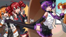 3girls a.i._voice adachi_rei ahoge bag baguette belt black_footwear black_shirt black_skirt black_sleeves blush bookshelf boots bread chicken_(food) collared_shirt detached_sleeves diamond_mouth drill_hair food fried_chicken gloves grey_shorts hands_up highres holding holding_food indoors jacket kakosa_sama kasane_teto kasane_teto_(utau) kicking long_sleeves looking_at_another miniskirt multiple_girls necktie open_clothes open_jacket open_mouth opening_door orange_belt orange_eyes plastic_bag pleated_skirt purple_eyes purple_hair purple_necktie red_eyes red_hair shaded_face shirt short_hair shorts skirt standing standing_on_one_leg surprised thigh_boots twin_drills utane_uta utau v-shaped_eyebrows white_gloves white_jacket white_shirt wide-eyed