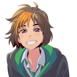 blush brown_hair collar green_necktie harry_potter:_hogwarts_mystery harry_potter_(series) highres hogwarts_school_uniform looking_at_viewer merula_snyde mikkusushi multicolored_hair necktie non-web_source orange_hair purple_eyes robe school_uniform short_hair slytherin smile two-tone_hair upper_body white_background white_collar wizarding_world
