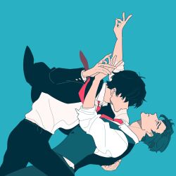 Rule 34 | 2boys, adam (sk8), aqua background, aqua hair, aqua pants, aqua vest, arm around back, black hair, black jacket, black pants, collared shirt, dip (dance move), hair over eyes, hand on another&#039;s back, highres, holding hands, j.r. doyle, jacket, kikuchi tadashi, male focus, mole, mole under eye, multiple boys, necktie, pants, red necktie, shirt, sk8 the infinity, sleeves rolled up, upper body, vest, waistcoat, white shirt, wide-eyed, yaoi