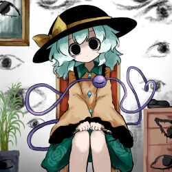 Rule 34 | 1girl, bags under eyes, black eyes, black hat, blouse, bow, buttons, chest of drawers, closed mouth, commentary request, crazy, diamond button, eyeball, feet on chair, feet out of frame, floral print, frilled shirt collar, frills, green hair, green skirt, hat, hat bow, hat ribbon, heart, heart of string, heripantomorrow, holding, holding paintbrush, holding pencil, indoors, komeiji koishi, long sleeves, looking at viewer, medium hair, paintbrush, pencil, picture frame, plant, potted plant, print skirt, ribbon, rose print, shirt, sitting, skirt, solo, third eye, touhou, vandalism, wide sleeves, yellow bow, yellow ribbon, yellow shirt