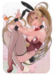 1girl banbanjiiiiiii black_wrist_cuffs blonde_hair border bow bowtie breasts champagne_flute cleavage commission cup detached_collar drinking_glass full_body gradient_background hair_intakes hand_rest hands_up happy high_heels highres holding holding_cup indie_virtual_youtuber knees_up leotard lipstick long_hair looking_to_the_side makeup medium_breasts open_mouth playboy_bunny pointy_ears ponytail red_bow red_bowtie red_eyes red_leotard red_nails red_shoes revealing_clothes rounded_corners second-party_source see-through_clothes see-through_thighhighs sharp_teeth shoes skeb_commission solo strapless strapless_leotard teeth thighhighs very_long_hair white_border wrist_cuffs
