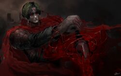 1boy absurdres black_hair black_jacket blood cape closed_mouth cloud cloudy_sky colored_skin e.g.o_(project_moon) earrings grey_skin hands_on_hilt hemokinesis highres jacket jewelry laurel_crown limbus_company lubban parted_bangs project_moon red_cape red_eyes sky smoke solo sword vergilius_(project_moon) weapon