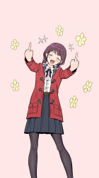Rule 34 | +++, 1girl, anglediana, belt, belt buckle, black pantyhose, black ribbon, blue skirt, blush, brown belt, brown hair, buckle, chinese commentary, closed eyes, coat, commentary request, double middle finger, girls band cry, highres, hood, hood down, hooded coat, iseri nina, long sleeves, low twintails, middle finger, neck ribbon, open clothes, open coat, open mouth, pantyhose, pink background, red coat, ribbon, scene reference, shirt, shirt tucked in, short hair, short twintails, skirt, smile, solo, teeth, twintails, upper teeth only, white shirt