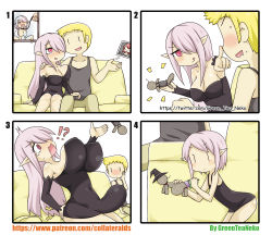 !? 1boy 2girls 4koma :d :q absurdres anal anal_object_insertion artist_name ass bad_id bad_pixiv_id bare_arms bare_shoulders black_dress black_hat black_sleeves black_tank_top blonde_hair blush breasts brown_pants cleavage closed_mouth collarbone comic commentary_request couch covered_erect_nipples detached_sleeves dress eggplant finger_to_another&#039;s_nose greenteaneko hair_over_one_eye hand_on_another&#039;s_shoulder hand_on_own_cheek hand_on_own_face hat head_tilt highres holding large_breasts leaning_forward leash lightning_bolt_symbol long_hair long_sleeves middle_finger mother_and_daughter multiple_girls nose_blush nude object_insertion on_couch open_mouth original pants photo_(object) pink_hair pointy_ears poking_nose red_eyes sitting sleeveless sleeveless_dress smile square_4koma stomach_bulge strapless strapless_dress sweat tank_top tears tongue tongue_out v-shaped_eyebrows very_long_hair voodoo voodoo_doll watermark web_address witch witch_hat |_|