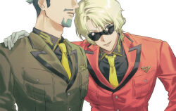 2boys beard blonde_hair blue_eyes challia_bull char_aznable collared_shirt facial_hair gloves green_hair gundam gundam_gquuuuuux hand_on_another&#039;s_shoulder highres jacket long_sleeves looking_at_viewer male_focus military_jacket military_uniform multiple_boys mustache necktie open_mouth oz_0w0 red_jacket shirt short_hair simple_background smile upper_body white_background