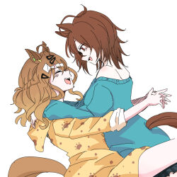 2girls :d agnes_tachyon_(umamusume) ahoge animal_ears aqua_sweater blush braid brown_hair brown_tail closed_eyes commentary_request ear_ornament fang hair_between_eyes hair_ornament hairclip half_up_braid highres horse_ears horse_girl horse_tail hug jungle_pocket_(umamusume) long_sleeves looking_at_another medium_hair multiple_girls notched_ear off-shoulder_sweater off_shoulder open_mouth paw_print puffy_long_sleeves puffy_sleeves red_eyes shiruko_(oshiruko) sidelocks simple_background sleepwear sleeves_rolled_up smile sweater tail umamusume white_background white_hair