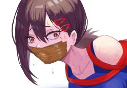 1girl bdsm bondage bound brown_hair chainsaw_man close-up collarbone commentary_request dripping gag hair_between_eyes hair_ornament hairclip higashiyama_kobeni improvised_gag long_sidelocks looking_at_viewer mole mole_on_cheek mole_under_eye ponytail raftetram short_ponytail sidelocks simple_background single_sidelock solo sweat swimsuit tape tape_gag white_background wide-eyed