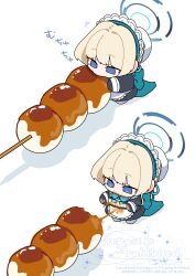 1girl apron black_dress blonde_hair blue_archive blue_bow blue_eyes bow dress eating food food_on_face hair_bun hairband highres koyuuuuuuuuuuu maid maid_apron maid_headdress shoes solo stained_clothes toki_(blue_archive) white_apron white_hairband white_shoes