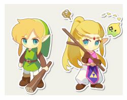 1boy 1girl 1other belt blonde_hair blue_eyes boots brown_footwear brown_gloves chibi circlet gloves gold_circlet green_hat green_tunic hat highres holding holding_stick link mmmaki_0 nintendo pointy_ears ponytail princess_zelda royal_travel_attire_(zelda) serious sidelocks standing stick the_legend_of_zelda the_legend_of_zelda:_echoes_of_wisdom tri_(zelda) triforce triforce_print tunic