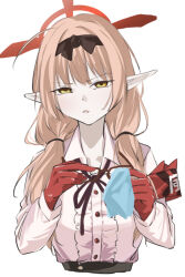 1girl armband blonde_hair blue_archive brown-framed_eyewear brown_hairband brown_ribbon center_frills chinatsu_(blue_archive) cleaning_eyewear collared_shirt cropped_torso dress_shirt frills frown glasses gloves hairband halo hands_up hoffun holding holding_removed_eyewear long_hair looking_at_viewer low_twintails neck_ribbon no_eyewear parted_lips pointy_ears red_armband red_gloves red_halo ribbon shirt simple_background solo squinting twintails unworn_eyewear v-shaped_eyebrows white_background white_shirt yellow_eyes