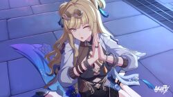 Rule 34 | 1girl, black dress, blonde hair, blue eyes, bracelet, coat, dress, eyewear on head, glasses, high heels, highres, honkai (series), honkai impact 3rd, jewelry, long hair, long sleeves, looking at viewer, official art, one eye closed, open mouth, outdoors, pince-nez, ring, sitting, solo, songque, songque (astralop), tile floor, tiles, wariza, white coat