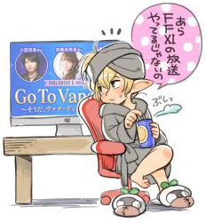 1girl apple_inc. bathrobe blonde_hair brown_eyes can final_fantasy final_fantasy_xi hair_between_eyes holding holding_can katou_emiri konishi_katsuyuki mandragora_(final_fantasy) minagawa_fumio on_chair opening_can pointy_ears shantotto short_hair simple_background single_bare_foot sitting slippers solo speech_bubble swivel_chair table tarutaru towel towel_on_head white_background