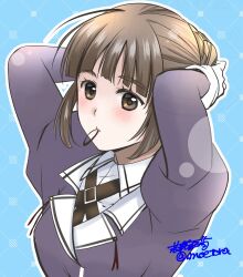 Rule 34 | 1girl, blue background, breasts, brown eyes, brown hair, comb, gradient background, hair bun, hair ornament, hairclip, hairdressing, highres, holding, holding comb, jacket, kantai collection, long hair, long sleeves, looking at viewer, medium breasts, military uniform, myoukou (kancolle), myoukou kai ni (kancolle), purple jacket, single hair bun, smile, solo, twitter username, upper body, wakakohime moe