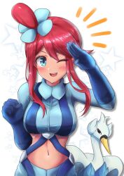 1girl beak bird blue_eyes breasts crop_top gen_5_pokemon gloves highres large_breasts long_hair long_sleeves nintendo one_eye_closed pokemon pokemon_bw red_hair skyla_(pokemon) swanna teeth upper_teeth_only wakaba_(wata_ridley) wings wink