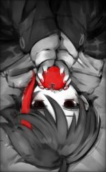 1boy ahoge apple food fruit greyscale hair_between_eyes highres holding holding_food holding_fruit looking_at_viewer mi_oxo_9m monochrome nijisanji red_nails saegusa_akina short_hair solo spot_color upside-down virtual_youtuber