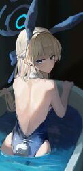 1girl absurdres animal_ear_hairband animal_ears ass back backboob bathtub blonde_hair blue_archive blue_eyes blue_leotard braid breasts earrings fake_animal_ears fake_tail haimaotuanzi hairband half_up_braid halo highres jewelry leotard long_hair looking_at_another looking_at_viewer median_furrow medium_breasts official_alternate_costume rabbit_ear_hairband rabbit_ears rabbit_tail solo strapless strapless_leotard stud_earrings tail toki_(blue_archive) toki_(bunny)_(blue_archive)