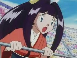 1girl blue_eyes hair_ribbon hime_cut japanese_clothes jeanette_fisher kimono long_hair meiji_schoolgirl_uniform nintendo obi pokemon pokemon_(anime) pokemon_(classic_anime) pokemon_ep077 purple_hair ribbon sash stadium v-bangs very_long_hair worried
