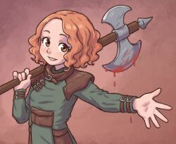 1girl alternate_costume axe beachepisode blood bloody_weapon brown_background brown_eyes brown_hair commission grin highres holding holding_axe long_sleeves looking_at_viewer okumura_haru parted_lips persona persona_5 short_hair smile solo teeth upper_body weapon