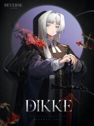 Rule 34 | 1girl, balance scale, black cape, blue eyes, blunt bangs, brown dress, cape, character name, circle, closed mouth, collared dress, copyright name, dark background, dikke, disembodied hand, dress, english text, expressionless, hair intakes, hair over shoulder, hands on hilt, hands up, highres, logo, long dress, long hair, looking at viewer, official art, planted, planted sword, planted weapon, purple background, reverse:1999, shadow, solo, spotlight, sword, upper body, weapon, weighing scale, white hair