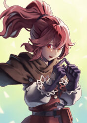 1girl absurdres anna_(fire_emblem) fire_emblem fire_emblem_engage hair_between_eyes highres long_hair looking_at_viewer nintendo open_mouth ponytail red_eyes red_hair shoko_(pixiv_74769700) smile solo