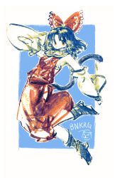1girl absurdres benikurage_(cookie) black_boots black_hair blue_background boots bow breasts cat cat_tail character_name commentary_request cookie_(touhou) dahaoli detached_sleeves frilled_bow frills full_body hair_bow hakurei_reimu highres jumping looking_at_viewer manatsu_no_yo_no_inmu medium_hair miura_cat no_mouth parted_bangs red_bow red_eyes red_shirt red_skirt scarf shirt sidelocks skirt skirt_set sleeveless sleeveless_shirt small_breasts solo tail touhou two-tone_background white_background white_sleeves wide_sleeves