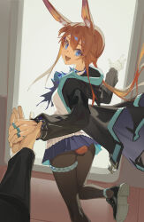 Rule 34 | 1girl, :d, absurdres, amiya (arknights), animal ears, arknights, ass, black jacket, black pantyhose, black shoes, blue eyes, blue skirt, brown hair, brown tail, commentary, english commentary, hair between eyes, highres, holding hands, hood, hood down, hooded jacket, jacket, jewelry, long hair, long sleeves, looking at viewer, microskirt, multiple rings, open mouth, pantyhose, pleated skirt, ponytail, pov, pov hands, purple skirt, ring, shirt, shoe soles, shoes, skirt, smile, standing, standing on one leg, tail, thighlet, two-sided fabric, two-sided skirt, white shirt, whitebuckleqwq