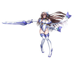 1girl bare_shoulders blush boots breasts brown_eyes brown_hair covered_navel elbow_gloves exs-tia full_body gloves gunblade hair_between_eyes hand_on_own_hip high_heel_boots high_heels highres holding holding_sword holding_weapon katsuragi_marina kouyoku_senki_exs-tia kozu_rokuta large_breasts leotard long_hair lusterise open_mouth solo standing sword thigh_boots thighhighs transparent_background very_long_hair weapon white_gloves white_leotard