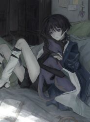 1boy animal black_bodysuit black_hair black_leggings black_shorts blue_cape blue_sleeves blunt_ends blush bodysuit book bookshelf cape closed_mouth dragon duster eyeliner eyeshadow feather_duster genshin_impact highres holding holding_animal hug indoors japanese_clothes kimono knees_up layered_sleeves leg_warmers leggings makeup male_focus mini_durin_(genshin_impact) open_book pillow purple_eyes purple_rope red_eyeliner red_eyeshadow rope scaramouche_(genshin_impact) short_sleeves shorts sitting sketch small_dragon smile stirrup_legwear toeless_legwear wanderer_(genshin_impact) white_kimono white_leg_warmers white_sleeves wispy_bangs yoruli_e