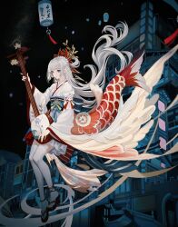 1girl absurdres blunt_bangs braid dress fingernails floating_hair full_body hair_intakes hair_ornament highres hime_cut holding holding_instrument instrument japanese_clothes kimono lantern long_hair long_sleeves nail_polish night night_sky original outdoors red_nails shan_gui_yu_yao sky solo star_(sky) tassel thighhighs very_long_hair white_hair white_thighhighs wide_sleeves