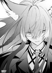 1girl absurdres animal_ears arknights braid cape collared_shirt day7daze eyes_visible_through_hair floating_hair greyscale hair_between_eyes highres jacket lapels light_smile long_hair looking_at_viewer monochrome necktie portrait shirt solo vulpisfoglia_(arknights)