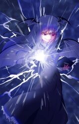 1girl alternate_eye_color alternate_hair_color bat_wings black_dress commentary_request dress frilled_dress frills head_wings highres koakuma long_hair looking_at_viewer m.u.g.e.n multiple_wings purple_hair smile solo touhou wings yumekotyanda
