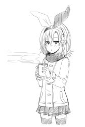 1girl :c blush coat cup female_focus greyscale hairband highres hijiribashi_kirika jacket jitome kekekeke monochrome mug pleated_skirt seitokai_tantei_kirika short_hair sketch skirt solo steam thighhighs toggles zettai_ryouiki
