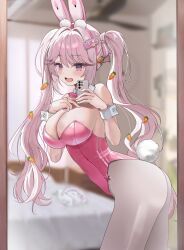 Rule 34 | 1girl, alice (nikke), animal ears, ass, bare shoulders, blurry, blurry background, blush, bow, bowtie, breasts, carrot hair ornament, cellphone, collar, commentary, detached collar, doro (nikke), fingernails, food-themed hair ornament, goddess of victory: nikke, hair intakes, hair ornament, hair ribbon, highres, holding, holding phone, indoors, large breasts, leotard, long hair, mosaic0614, open mouth, pantyhose, phone, pink bow, pink bowtie, pink eyes, pink hair, pink leotard, pink ribbon, playboy bunny, rabbit ears, rabbit tail, ribbon, selfie, smartphone, smile, solo, strapless, strapless leotard, tail, thighs, twintails, white collar, white pantyhose, white wrist cuffs, wrist cuffs