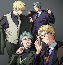 2boys black-framed_eyewear black_coat black_necktie black_shirt blonde_hair blue_eyes bright_pupils challia_bull char_aznable closed_eyes coat collared_shirt commentary cosplay costume_switch dress_pants facial_hair formal_clothes glasses goatee green_eyes green_hair green_jacket green_pants green_suit gundam gundam_gquuuuuux highres jacket jonburrrr long_sleeves looking_at_another male_focus multiple_boys mustache necktie open_clothes open_jacket opened_by_self pants purple_jacket purple_shirt shirouzu_(gundam) shirt short_hair suit suit_jacket symbol-only_commentary turtleneck turtleneck_shirt upper_body vest white_pupils
