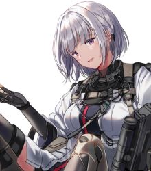1girl :d bad_id bad_twitter_id black_gloves breasts drum_magazine female_focus girls&#039;_frontline gloves gun hand_up head_tilt jacket large_breasts light_machine_gun looking_at_viewer machine_gun magazine_(weapon) open_mouth purple_eyes rpk rpk-16 rpk-16_(girls&#039;_frontline) short_hair sidelocks silence_girl silver_hair simple_background sitting smile solo weapon white_background