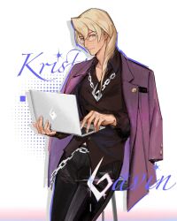 1boy ace_attorney apollo_justice:_ace_attorney black_pants black_shirt blonde_hair blue_background blue_eyes borrowed_clothes chain chain_belt chain_necklace character_name collared_shirt computer cosplay cowboy_shot halftone halftone_background highres holding holding_laptop jacket jewelry kristoph_gavin lapel_pin laptop male_focus necklace pants purple_jacket semi-rimless_eyewear shirt silver_necklace solo two-tone_background wallet_chain white_background wogesb