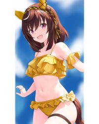 1girl absurdres alternate_costume animal_ears blush braid breasts brown_hair buena_vista_(umamusume) commentary_request hair_between_eyes hair_ornament hairband highres horse_ears horse_girl horse_tail looking_at_viewer medium_breasts medium_hair navel open_mouth popoidraw purple_eyes sky solo swimsuit tail umamusume